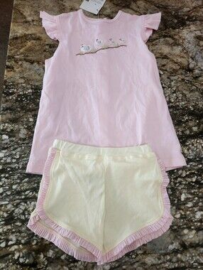 Girls' Pink & Cream Pajama Set with Bird Embroidery
